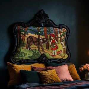 Tête de lit grand lit de conte de fées, Le petit chaperon rouge avec le loup, broderie vintage, meubles bohèmes, conte de fées, textile mondial