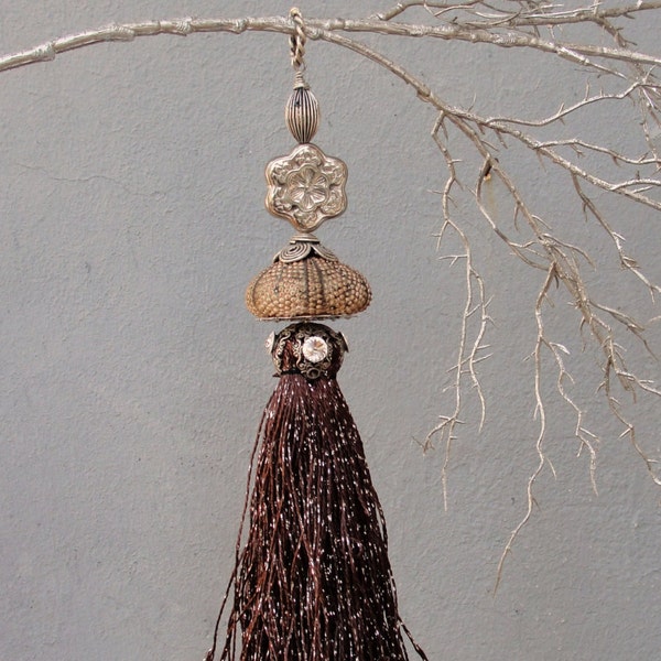 Brown Sea Urchin Ornament Bling and Tassel - Brown and Silver