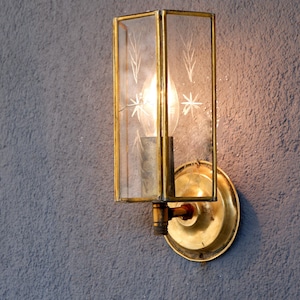 Vintage Etched Glass Brass Wall Sconce Lantern - Bohemian Decor