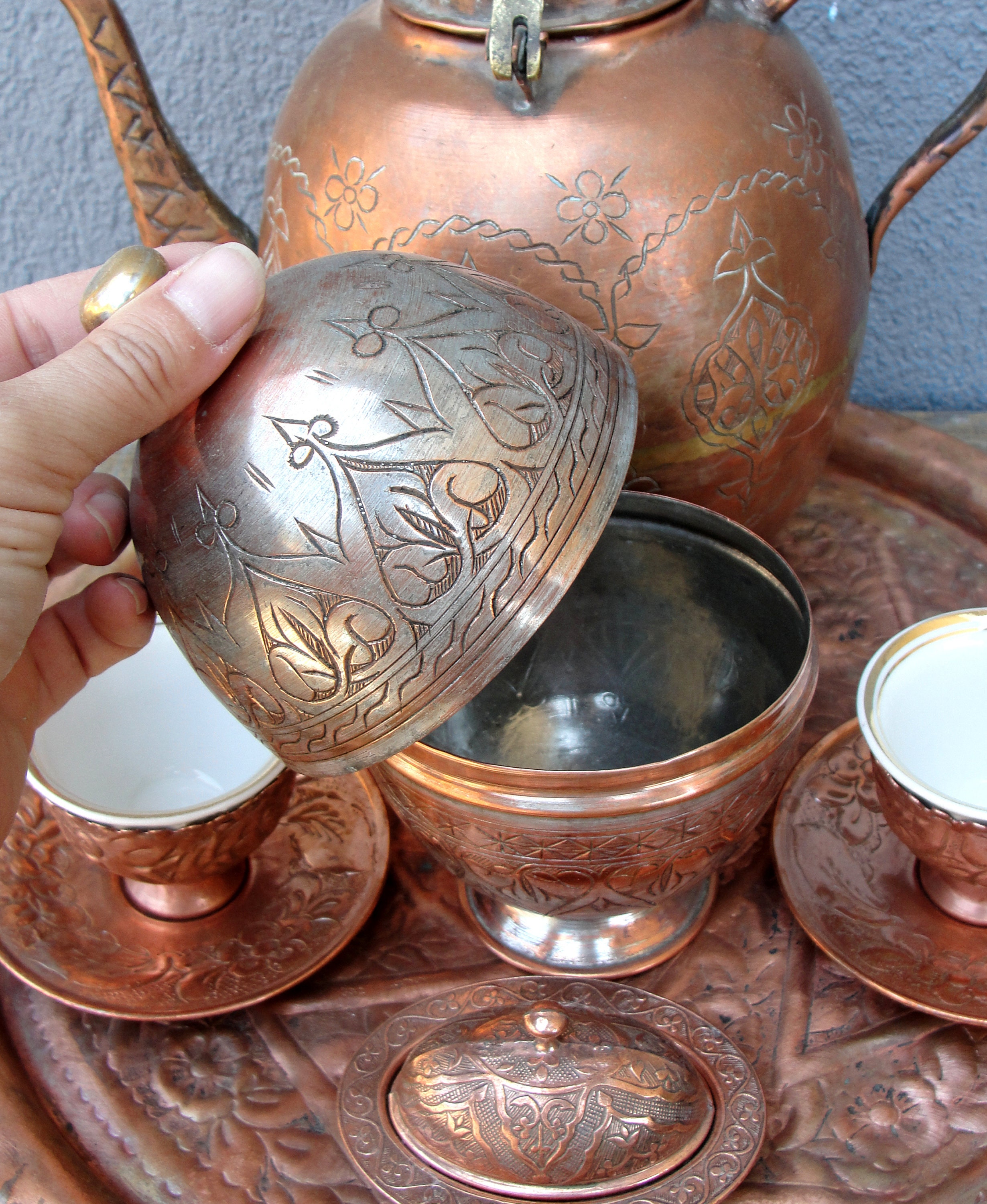 Copper and Brass Coffee Pot, Sugar Bowl, Cups, Turkish Delights Plate and Tray Set, Vintage Set, Made in Turkey, Copper, Vintage 1960s - Etsy Copper and Brass Coffee Pot, Sugar Bowl, Cups, Turkish Delights Plate and Tray Set, Vintage Set, Made in Turkey, Copper, Vintage 1960s - Etsy