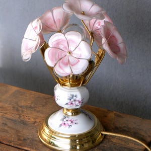 Pink Murano Flower Table Lamp, Handmade Glass and Porcelain,  Bohemian Lighting, Floral Lamp, Vintage Brass Decor, Vintage 1960&#39;s