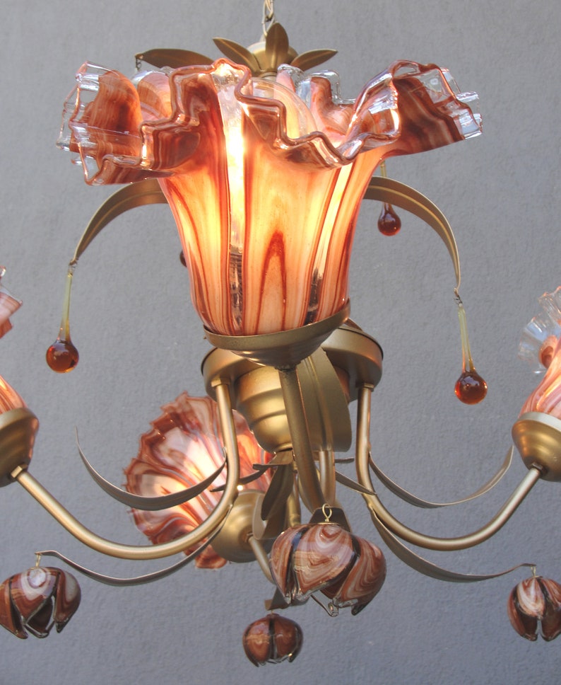 Murano Bouquet Lamp, Glass Floral Lamp, Caramel Brown Brass chandelier, Ceiling Light, Chandelier Lamp, Vintage Handmade Glass Lamp 1960s image 7