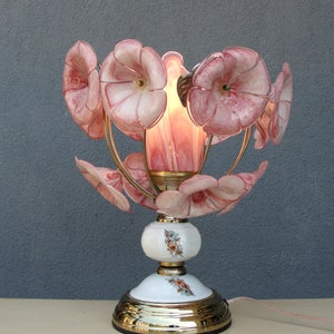 Pink Murano Flower Table Lamp, Handmade Glass and Porcelain,  Bohemian Lighting, Floral Lamp, Vintage Brass Decor, Vintage 1960&#39;s
