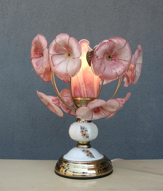Pink Murano Flower Table Lamp Handmade Glass and Porcelain
