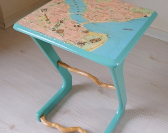 Vintage Map Side table, End table with Driftwood and Vintage Map of Istanbul, Wooden Furniture, Sea green Sidetable