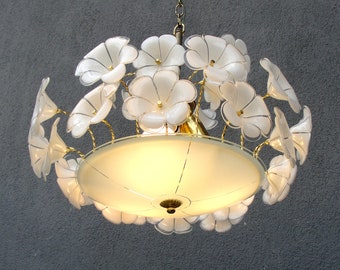 White Flower Chandelier, Murano Glass Floral Lamp, White chandelier, Ceiling Light, Chandelier Lamp,  Vintage Handmade Glass Lamp 1970s