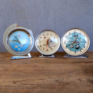 Vintage MCM Panda, Elephant, Swan Alarm Clock China Clock, Wind Up Alarm Clock Shanghai. Blue Mid Century Collectible Winding Clock 1950s