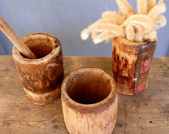 アンティークの手彫り木製壷：トルコ・アナトリアの壺、1940年代