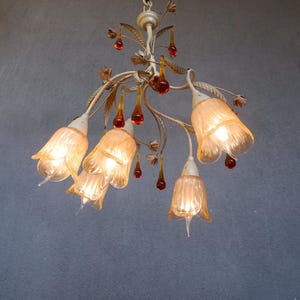 Murano Glass Floral Chandelier Lamp, Tole Flowers and Leaves, Dew drops chandelier, Italian Ceiling Light,  Vintage Cottage Chic Lamp 1980s