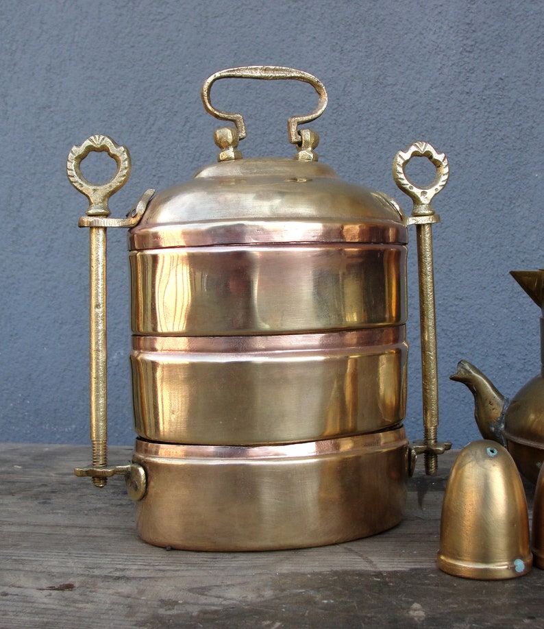 Vintage Food container, Coffee pot, Salt & Pepper, Brass Kitchenware, Tiffin, Vintage Brass Compartments, Lunch Box, Food Container, 1940s image 2