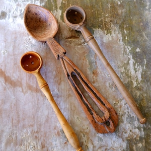 Vintage Wooden Spoons, Olive Spoons, Handmade handcarved Spoon, Set of Three pieces, Made in Turkey 1950s 80s image 2