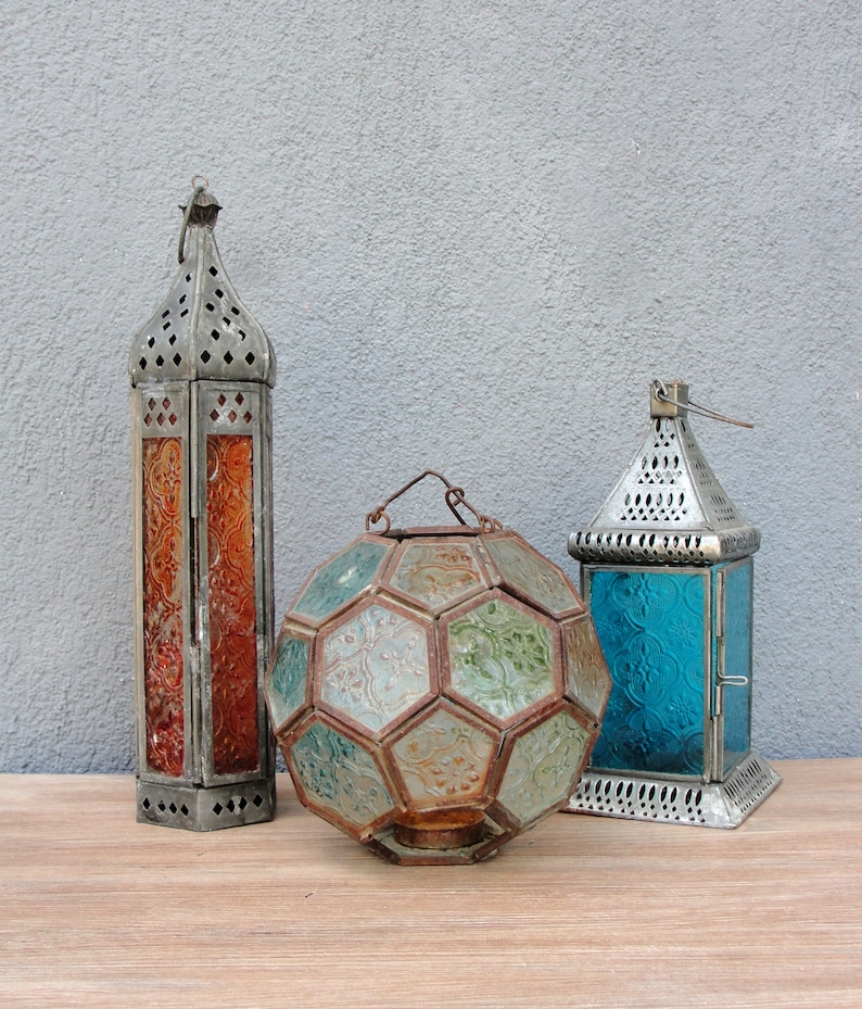Colored Glass Lanterns, Soldered Lanterns, Glass Lanterns Lamp, Vintage