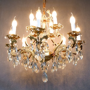 1920s Crystal Chandelier: Antique Brass Cherub Ceiling Light