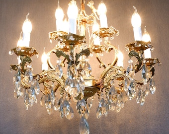 Antique Crystal Chandelier 1920s Crystal Ceiling Light, Crystal Brass Chandelier Cherub Light Lamp, Vintage,  Lighting, Vintage 1920s