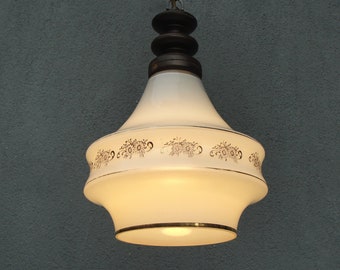 Midcentury Glass and Wood Ceiling Light, Art Glass Pendant Light Lamp, Retro 1950s, Vintage,  Lighting, Vintage 1950's