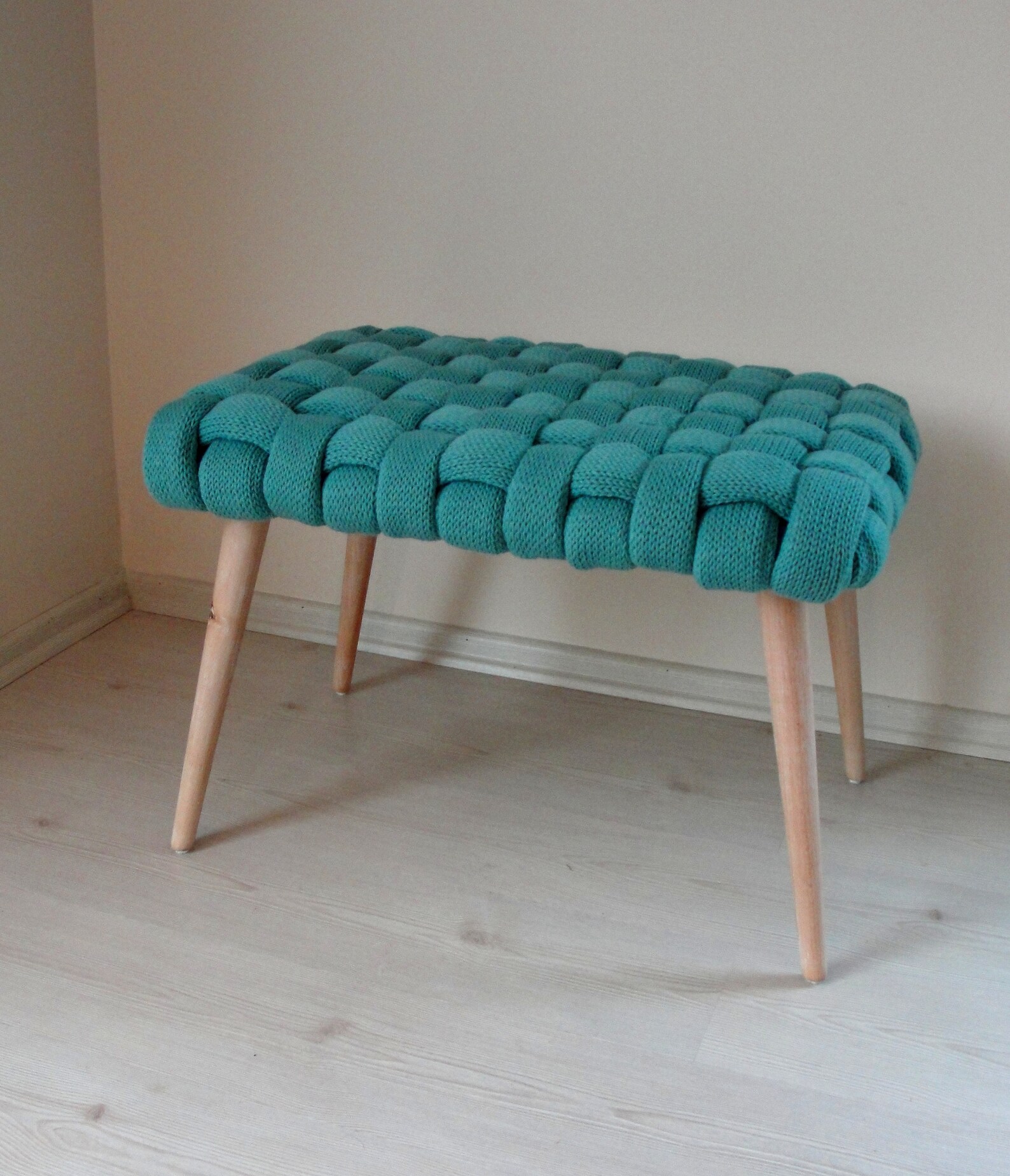 Knitted Ottoman Bench, Woven Knot Pouf Bohemian Wooden Furniture Hand