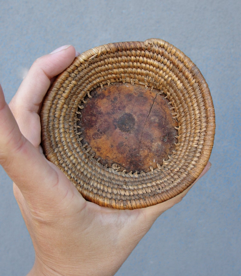 Vintage Wooden Wicker Decorative Pieces, Wood, Woven Bowl, Marquetry Box, Handmade wicker Bottle, 1950's image 8