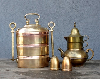 Vintage Food container, Coffee pot, Salt & Pepper, Brass Kitchenware, Tiffin, Vintage Brass Compartments, Lunch Box, Food Container, 1940s