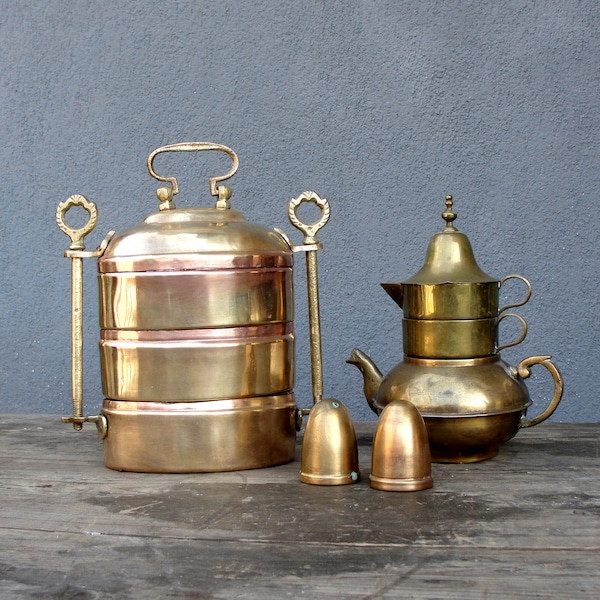 Vintage Food container, Coffee pot, Salt & Pepper, Brass Kitchenware, Tiffin, Vintage Brass Compartments, Lunch Box, Food Container, 1940s