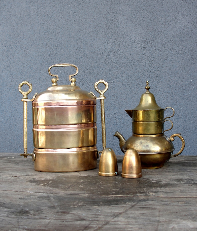 Vintage Food container, Coffee pot, Salt & Pepper, Brass Kitchenware, Tiffin, Vintage Brass Compartments, Lunch Box, Food Container, 1940s image 1