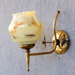 Midcentury Brass Wall Sconces, Brass Lamps with Leaves, Set of Wall Lights, Handpainted Glass Sconces, Lighting, Vintage Brass Decor 1950s