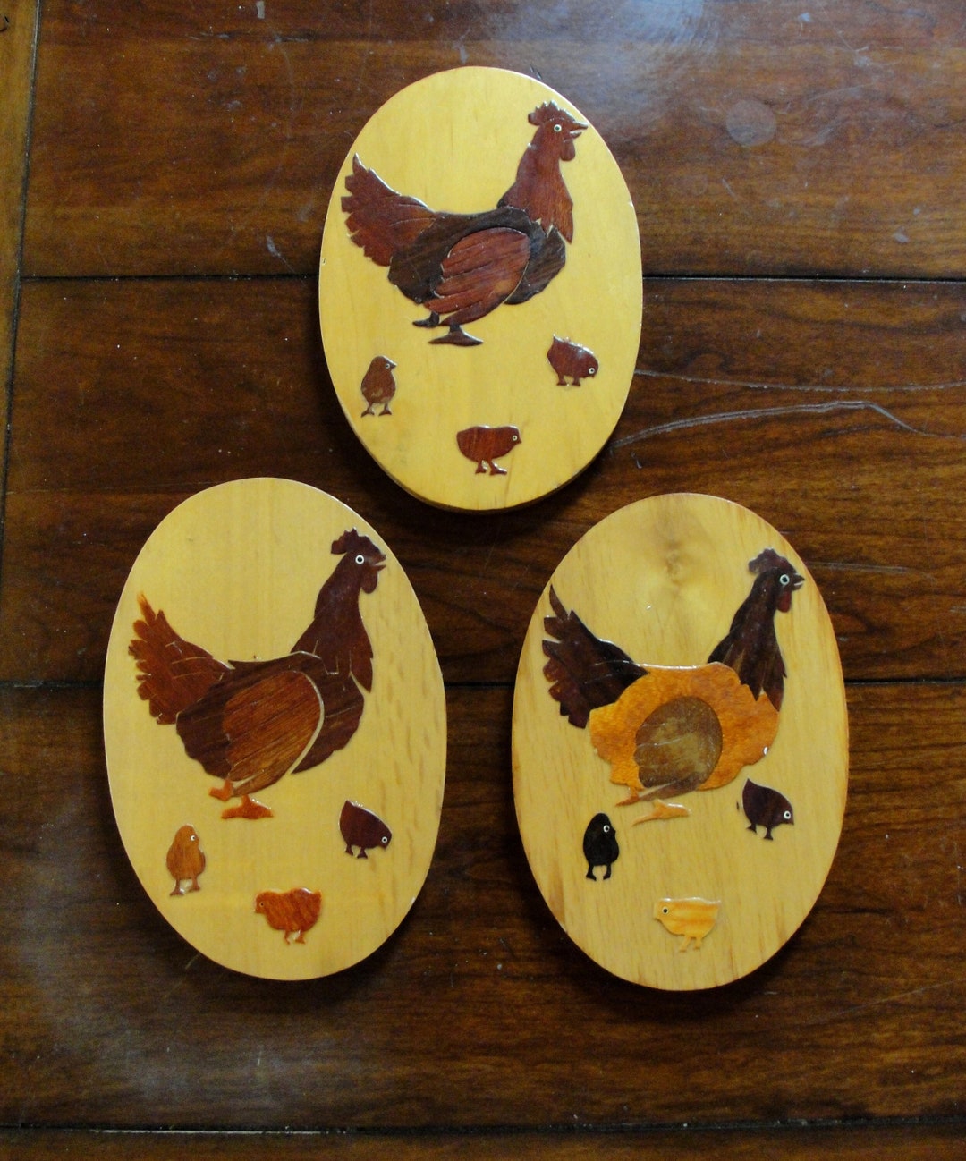 Vintage Wood Folk Art, Wooden Chicken Art From Costa Rica, Wood Inlay