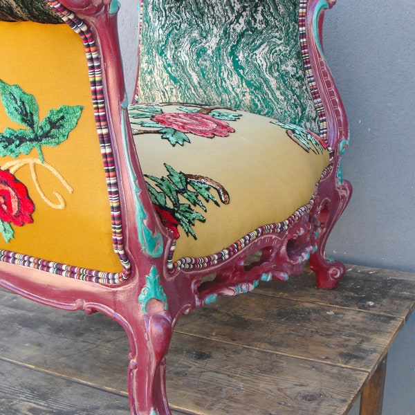 Floral Bench Bohemian Vanity Chair Embroidered Flower Power Vanity Backless Stool Boho Furniture Vintage Embroidery Flowers and Leaves