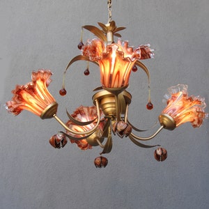 Murano Bouquet Lamp, Glass Floral Lamp, Caramel Brown Brass chandelier, Ceiling Light, Chandelier Lamp, Vintage Handmade Glass Lamp 1960s image 6