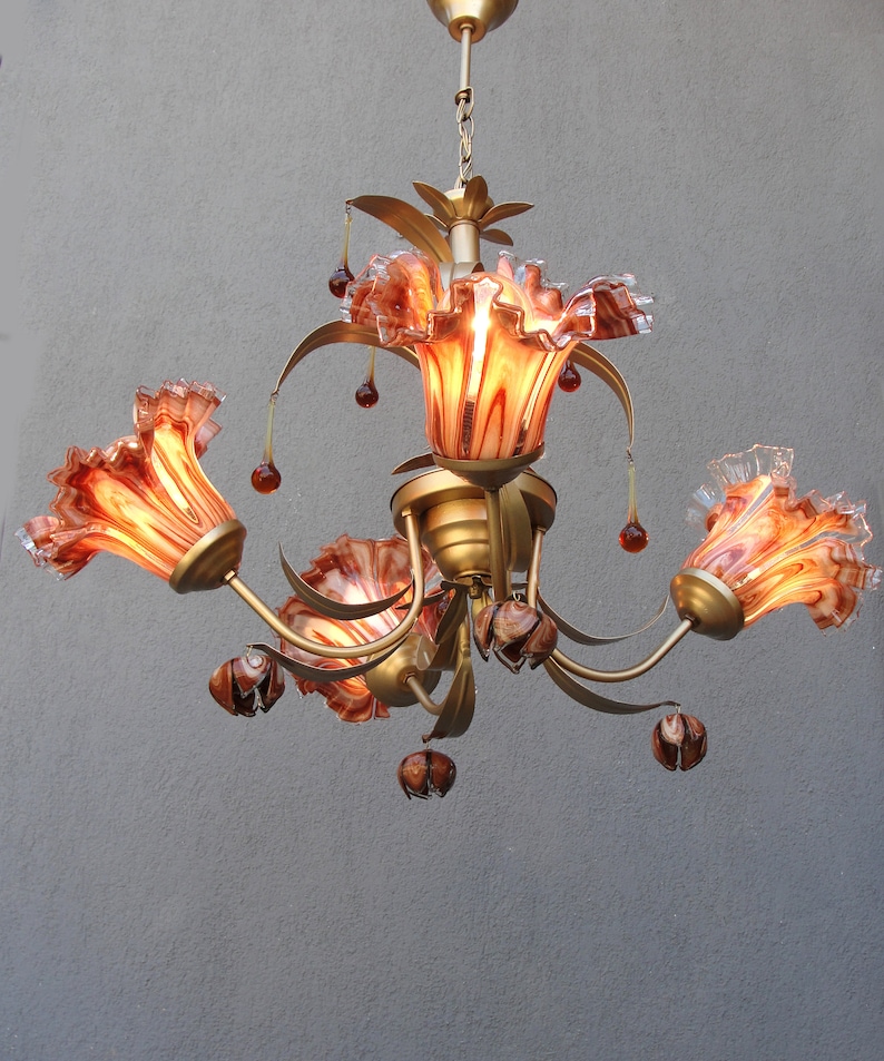 Murano Bouquet Lamp, Glass Floral Lamp, Caramel Brown Brass chandelier, Ceiling Light, Chandelier Lamp, Vintage Handmade Glass Lamp 1960s image 6