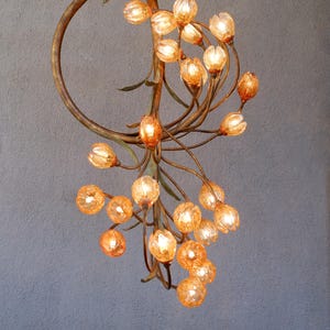 Italian Murano Floral Lamp, Bronze Glass Floral Lamp, Brass chandelier, Ceiling Light, Large Art Installation, Handmade in Italy 1990s