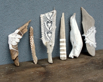 Natural Painted Driftwood Sticks, Doily, Lace, Dream catcher, Beach Home Decor, Driftwood Decor, Set of 6