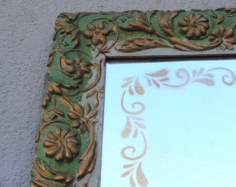 Vintage Ornate Green Mirror late 1930's Wooden Frame Floral Frame Vintage reversed Painted Mirror