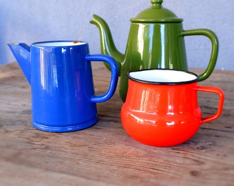 Enamelware Teapot Pitcher Collection Enamel Graniteware 1940s / 1950s Farm House, Home Decor, Instant Collection Blue, Orange and Green