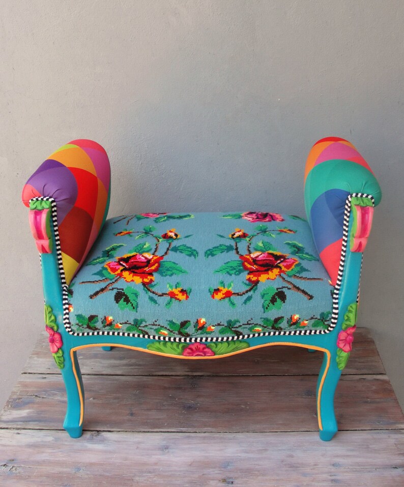 Rainbow Bench Bohemian Vanity Chair Embroidered Flower Power Etsy
