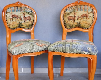 Woodland Tapestry Chairs, Vintage Gobelin, Deer and Trees, Vanity Stools, Bohemian Furniture, Boho Chairs, Vintage Tapestry