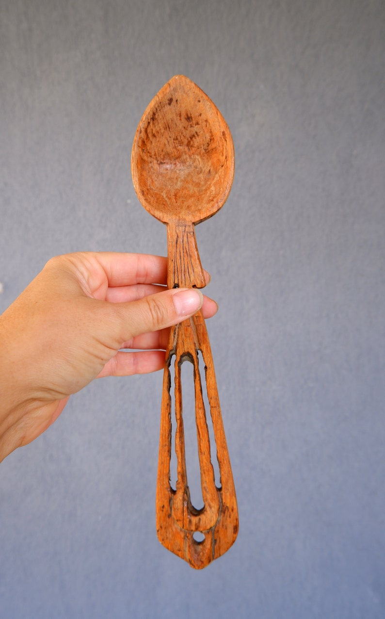 Vintage Wooden Spoons, Olive Spoons, Handmade handcarved Spoon, Set of Three pieces, Made in Turkey 1950s 80s image 8