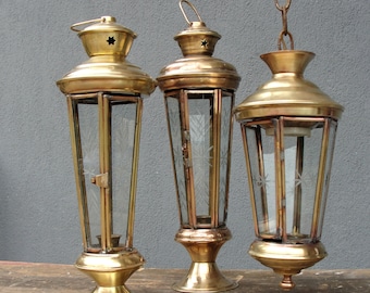 Linternas de latón, vidrio grabado, lámpara de linternas de vidrio, iluminación de candelabros vintage, lámpara 1940s - 1950s