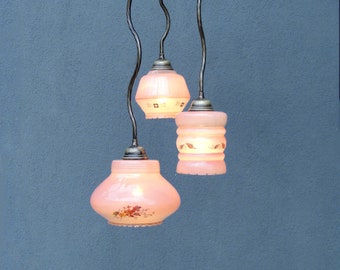 Midcentury Glass Triple Swag Ceiling Light, Art Glass Pendant Light Lamp, Retro 1950s, Vintage,  Lighting, Vintage 1950's