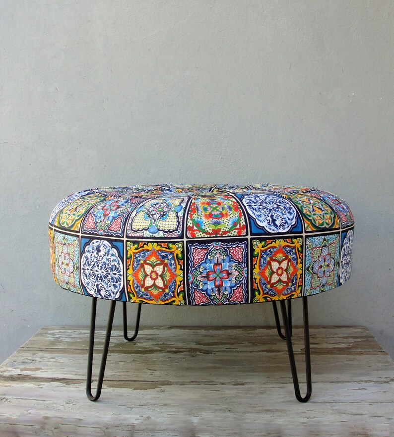 Bohemian Tile Pattern Ottoman, Hair Pin Legs Ottoman, Round Pouf