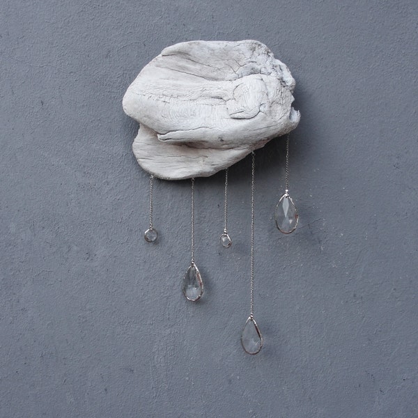 Driftwood Cloud with Vintage Crystal Raindrops - Wall Hanging - Medium