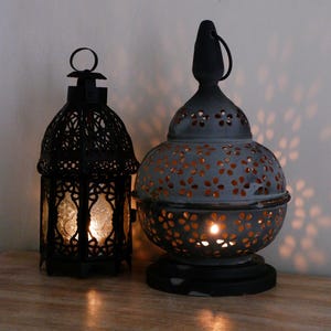 Black Glass Lanterns, Candle Holders, Glass Lanterns lamp, Vintage Candle Holders Lighting, Lamp 1970s - 1980s