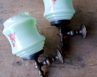 Midcentury Wall Sconces, Pair of Brass Lamps, Set of Wall Lights, 2 Green Sconces, Lighting, Vintage Shabby Chic Decor, Vintage 1960's