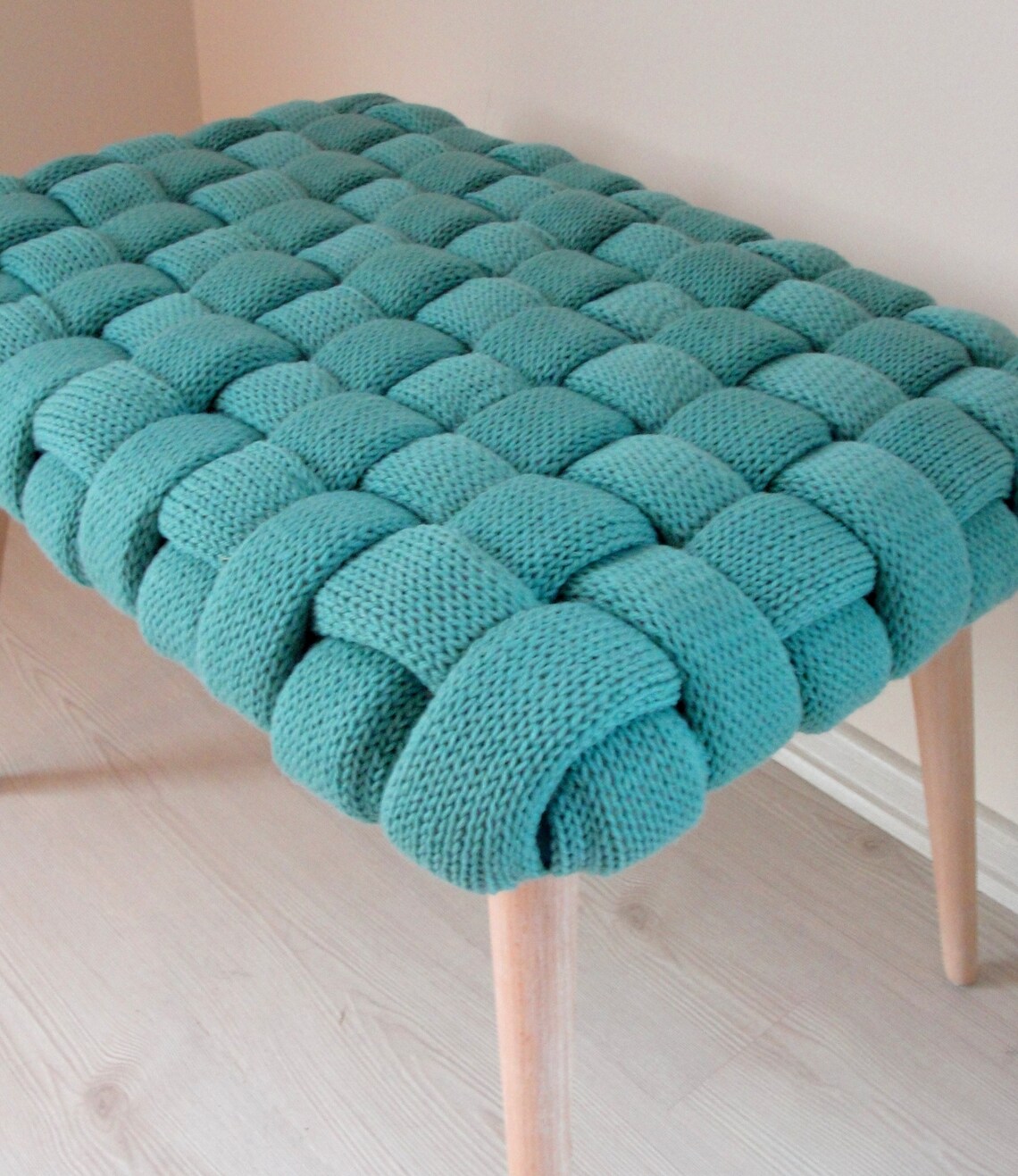 Knitted Ottoman Bench Woven Knot Pouf Bohemian Wooden Etsy