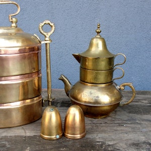 Vintage Food container, Coffee pot, Salt & Pepper, Brass Kitchenware, Tiffin, Vintage Brass Compartments, Lunch Box, Food Container, 1940s image 7