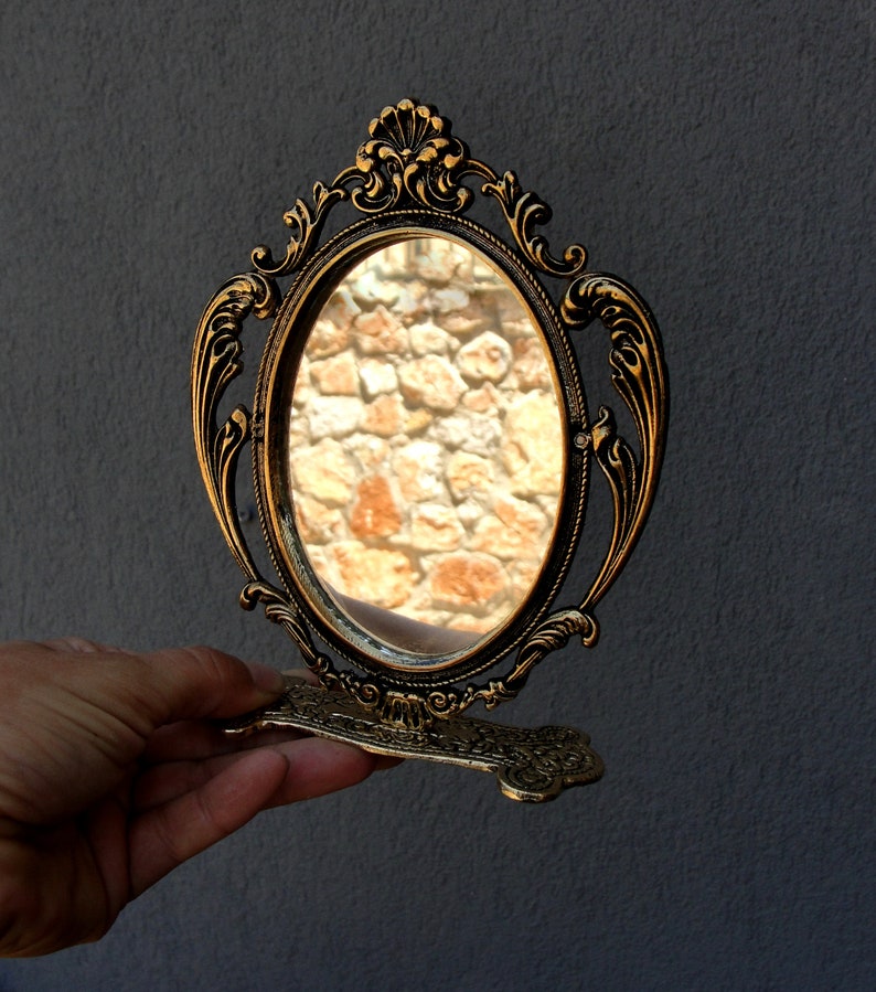 Ornate Brass Mirror, Brass Vintage Table Mirror, Mid Century Baroque