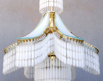 Retro Glass Fringe Chandelier, Art Deco Style, Ceiling Pendant Light, Glass Stick Chandelier,  White and Gold Lamp 1980s