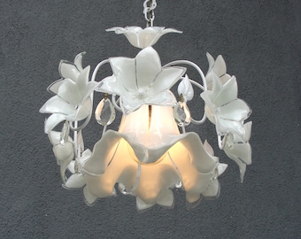 White Murano Flower Lamp, Glass Floral Lamp, Pink Brass chandelier, Ceiling Light, Chandelier Lamp,  Vintage Handmade Glass Lamp 1970s