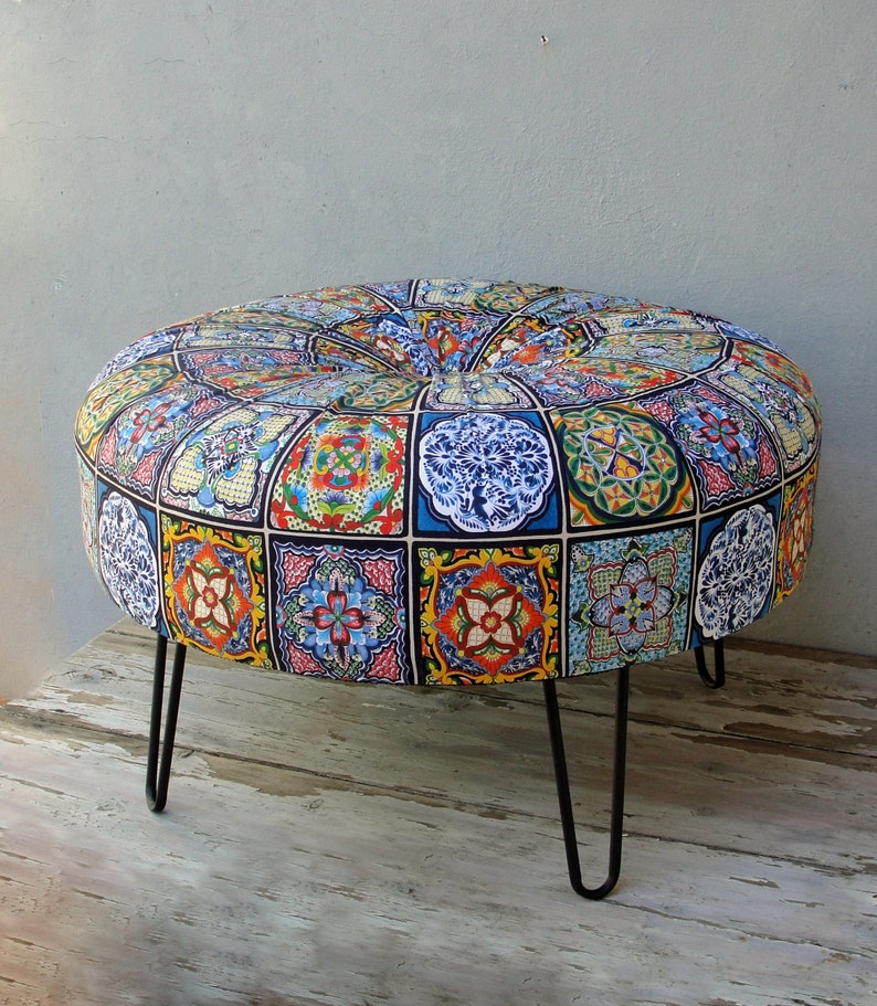 Bohemian Tile Pattern Ottoman, Hair Pin Legs Ottoman, Round Pouf