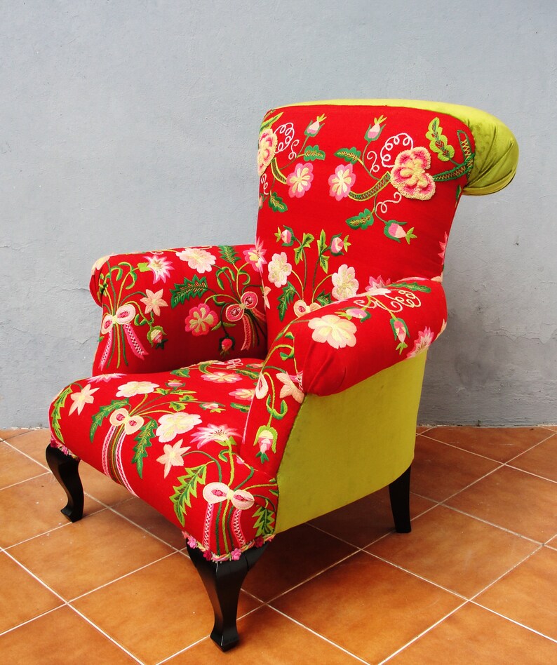 Floral Bergere Chair Embroidered Armchair Flowers and Bows Etsy