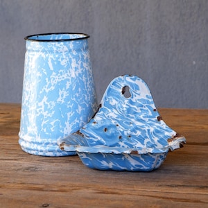 Rare Original Vintage Blue White Swirl Enamelware Hanging Soapdish and Can